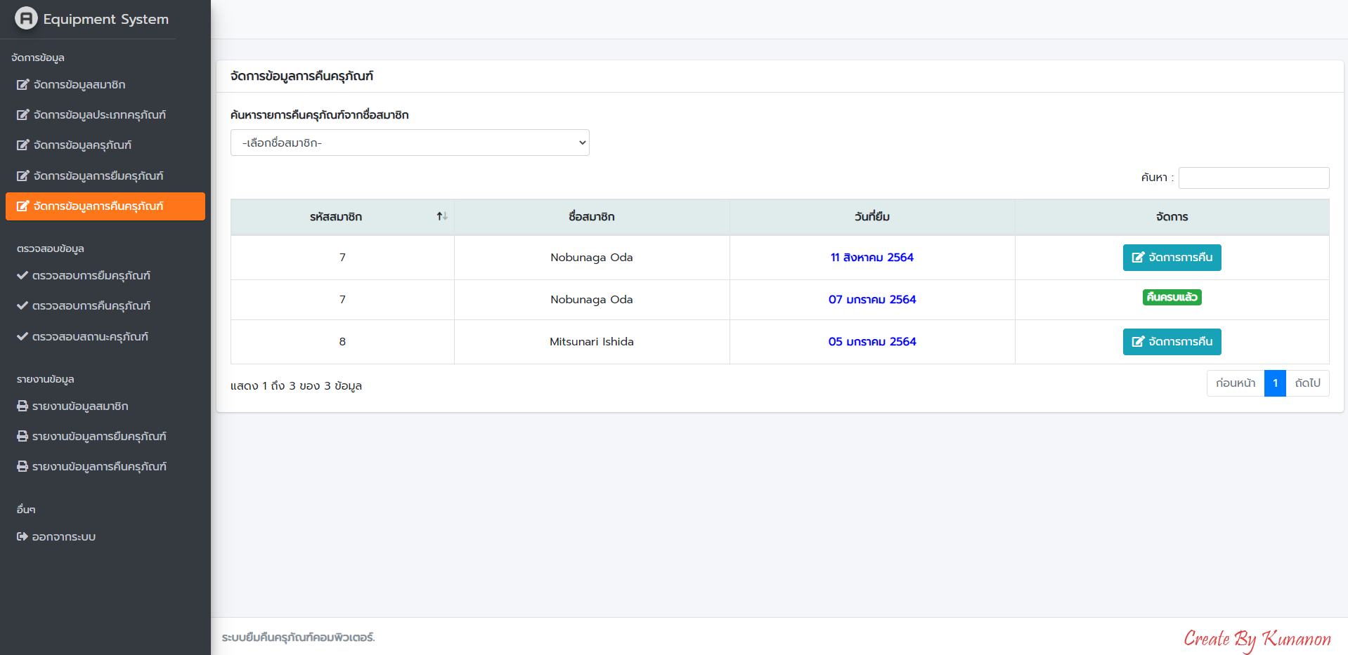 Interface showing current borrowed IT equipment and return history
